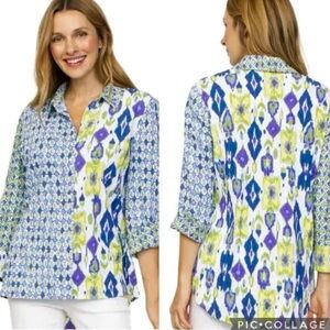 Habitat Crinkle Cotton Button Up Shirt Floral Ikat Mixed Patterns Boho Sz L